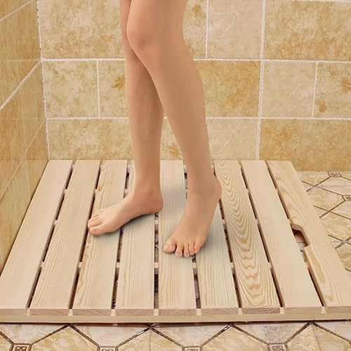 Rechteckige Holz Badematte,Entenbrett,Duschmatte,Küchenmatte,Lattenrost-Design,Griffdesign,Rutschfeste Bambus Badematte,Schnell Trocknende Saunamatte Badvorleger Duschvorleger (50x105cm/20x41in)