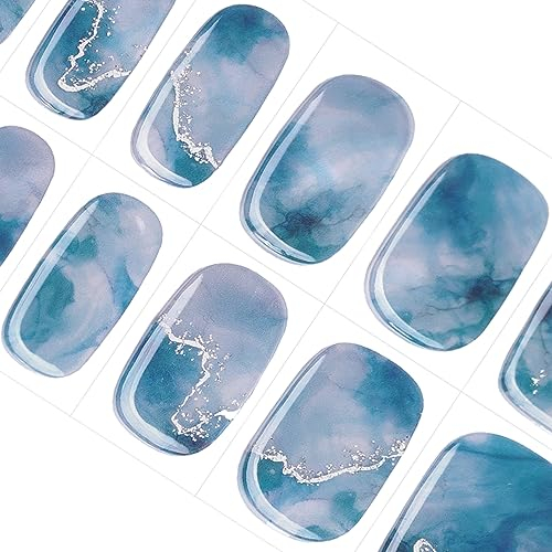 DANNI & TONI Halb ausgehärtete Gel Nagelfolien (Marble Canyon) Blau Marmor Glänzend uv Gel Nagelfolie Nagelsticker Nageldesign Nagelfolie Selbstklebend Wraps 28 Aufkleber