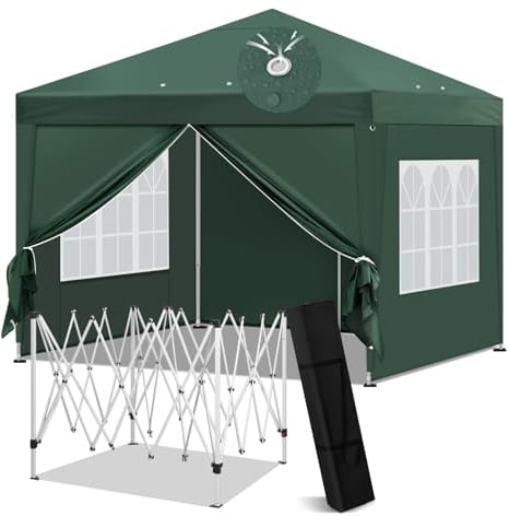 Laneetal Tonnelle Pliante 3x3m, Pavillon Imperméable, Tonnelle de Jardin, Tente Pliable, Barnum Réglable en Hauteur avec Parois Latérales et Fenêtres, pour Camping Barbecue Fête Plage, Vert