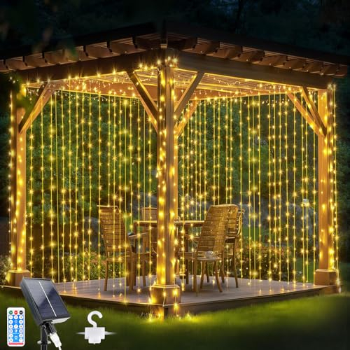 Glaxcidy Lichtervorhang Innen 3mx3m, 300 LEDs Solarvorhang Licht 8 Modi mit Fernbedienung, Wasserdichte Lichterkette Gardine für Innen Deko, Weihnachten, Schlafzimmer, Party, Hochzeit, Warmweiß