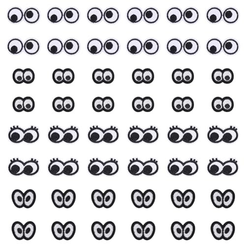 FINGERINSPIRE 48 Stück Schwarze Und Weiße Augen Zum Aufbügeln 4 Stile Polyester Stickstoff Augen Zum Aufnähen 27~45 mm Augen Nähapplikationen Aufkleber Aufnäher Für Kleidung Jacke Hut Jeans DIY