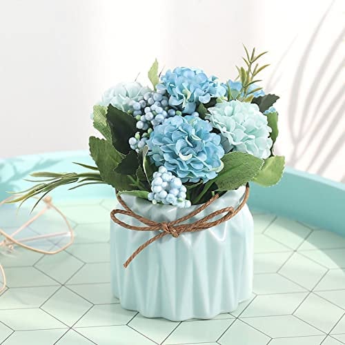 Fake Flowers in Vase Hydrangea, Small Fake Plants Artificial Plants Indoor with Fake Pot Artificial Plant Farmhouse Wall Decor Flowers Bouquet Hydrangea with Vase for Dining Table Decoration(Blue)