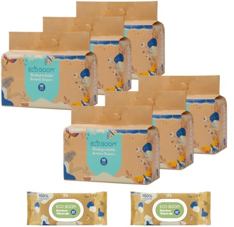 ECOBOOM JOY Biowindel aus Bambus, 70 % biologisch abbaubar, hypoallergen (Größe 1/XS, < 4,5 kg, Schachtel mit 6 Beuteln, 204 Windeln)