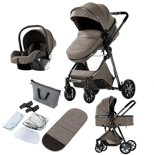 Reenborn Passeggino Trio, Passeggino 3 in 1 con Due Modi Reversibili Spingere, Trio Neonati con Telaio Alluminio Paesaggistico Alto, Design Pieghevole in Un Clic (V9 Chocolate)