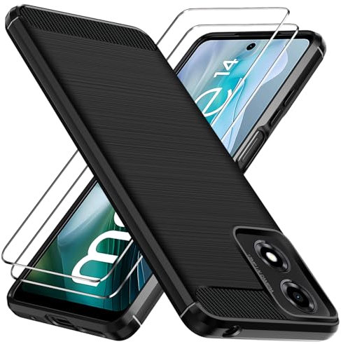 ivoler Funda para Motorola Moto E14 / G04 / G04S / G24 / G24 Power con 2 Piezas Cristal Templado, [Protección Militar] Carcasa Protectora Antigolpes, Suave TPU Silicona Caso Anti-Choques Case, Negro