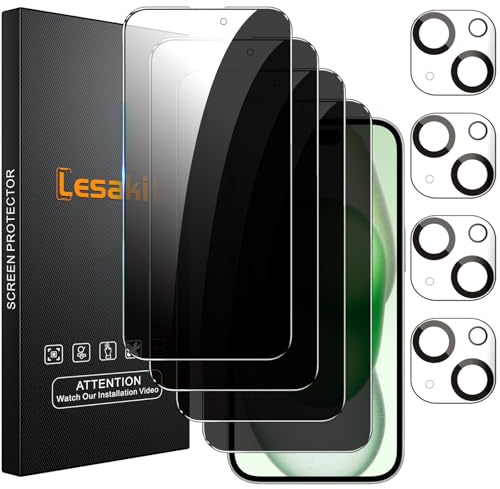 Lesakit 4 + 4 Stück Sichtschutz Displayschutzfolie für iPhone 15 6,1 Zoll mit 4 Stück Kameraobjektivschutz, Anti-Spionage Panzerglasfolie, 9H Härte, hüllenfreundlich