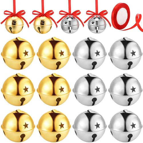 Roowest 12 Stück große Weihnachtsstern-Glocken, Ornamente, 8,9 cm, Jumbo-Schlittenglocken, Weihnachtsbaumschmuck mit Band zum Basteln, Weihnachtsbaumkranz, DIY-Dekorationen (Silber, Gold)