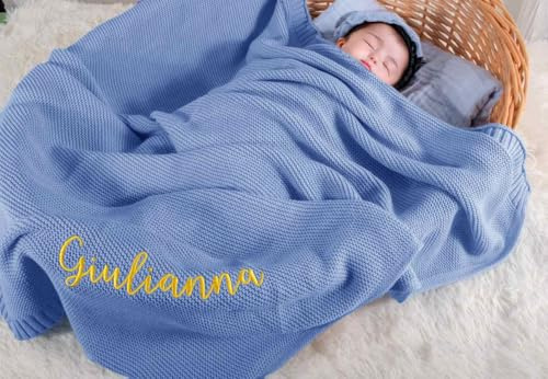 Tivhelrf Individuelle Baby-Strickdecken mit handbesticktem Namen, personalisiertes Geschenk für Säuglinge, Kleinkinder und Kinder