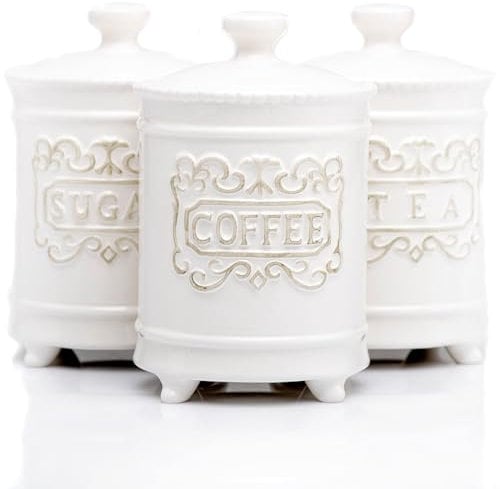 25DOL - Set of 3 Elegant 34 oz Ceramic Kitchen Canisters, Beautifully Etched, Airtight with Feet for Style and Stability, Ceramic Jar with Airtight Lid