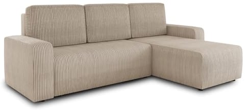 Ecksofa Roma L mit Schlaffunktion und Bettkasten - Cord Stoff - L-Form Couch, Polstersofa, Schlafsofa, Sofagarnitur - Ottomane Universal (Beige (Poso 100))