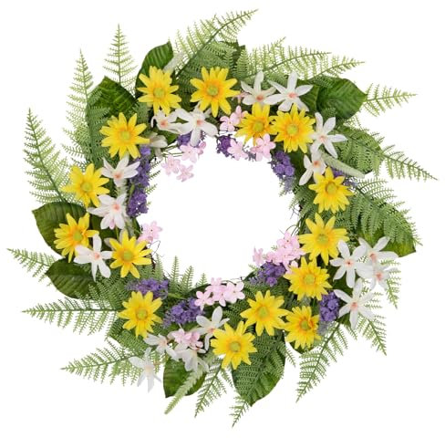 Arborus Künstlicher Türkranz 55 CM Künstliche Blumen Kamille Kunstblume Frühling Deko Künstliche Blumenkranz Künstliche Frühlingblume Künstlicher Farn Dekorativ Kranz Wandkranz für Tür Wand Tisch Deko