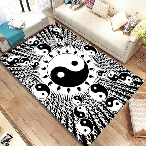 HATEGE Teppich Wohnzimmer 140 x 200 cm Waschbar Yin-Yang-Thema, Outdoor Teppiche Kurzflor 3D Chinesischer Stil, Carpet Flauschig Yin-Yang-Thema ZP1729