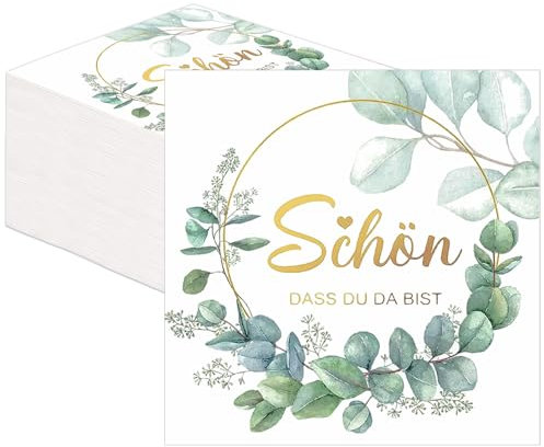 80 Stück Servietten Hochzeit, Servietten Schön Dass Du Da Bist, Servietten Geburtstag, 3-Lagige Servietten Eukalyptus für Hochzeiten, Taufen, Kommunionen, Geburtstagsfeiern