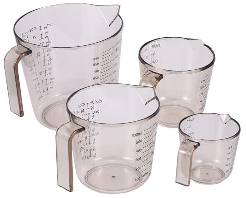 Juego de 4 vasos medidores de plástico con mango y graduación, juego de tazas medidoras de plástico de 150/300/600/1000 ml, sin BPA, vasos medidores de precisión resistentes al calor para laboratorio