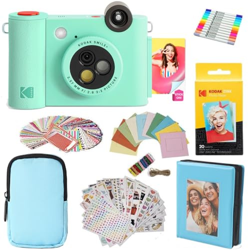 KODAK Smile+ 2-in-1 Digitale Sofortbildkamera & Fotodrucker Geschenkpaket + Tasche + Zink 20 Blatt + Album + Stickerrahmen & Marker - Grün