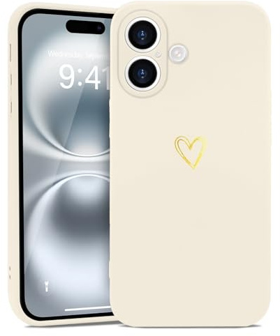 Wirvyuer for iPhone 16 Cute Heart Case for Women, Beige | Skin-feel Soft Silicone, Love-Heart Pattern Design Phone Case, Shockproof Protective Slim TPU Bumper Cover for Girls