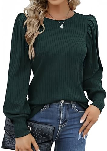 Hotouch Jersey de Mujer Tops con Mangas Abullonadas Ligera Elegante Casual | Jersey Cuello Redondo Manga Larga,Blusa Otoño Invierno
