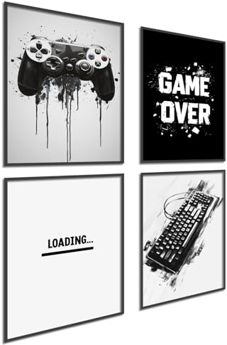 Donari Poster Gaming 4er-Set - Gaming Bild als Deko für Gamingzimmer - Wand Dekoration für Zocker Zimmer Led Optik Set A4 Bilder mit oder ohne Rahmen (Motiv 2, 21x30 cm, Ungerahmt)