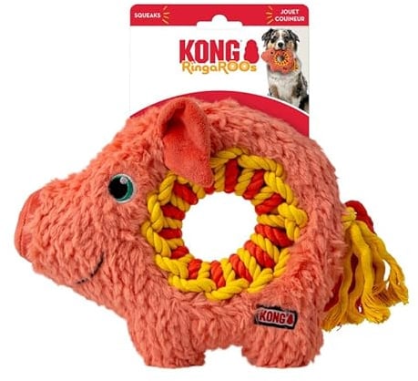 KONG Ringaroos - Interactive Rope Ring Dog Toy with Plush Squeaker - for Fetch, Tug & Cuddle - for Medium Sized Dogs (Orange Pig)