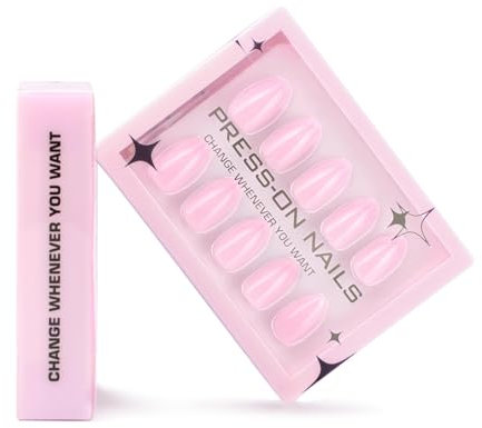 Pink Press on Nails - Press On Nails Short Almond - Light Weight & Fit Perfectly False Nails - Full Cover Fake nails with Glue - Reusable Semi-Transparent Stick on nails for Women