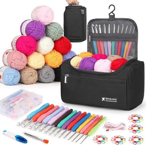Reessy Crochet Kits for Beginners Adults, Complete Crochet Kit with 15Pcs × 25g Crochet Yarn Ergonomic Metal Crochet Hooks Set 2.0-10.0mm Storage Bag, Crochet Kits for Adults Learn to Crochet- Black