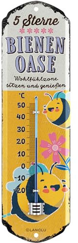 LANOLU Thermometer Bienen-Oase, Schild Garten außen, Deko Garten vintage Schilder, Retro Blechschild, Chill Lounge Gartendeko - Wanddeko Garten Schild aus Metall 8x28cm