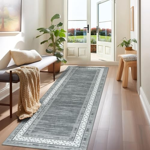 IMIYOKU Flur Läufer Teppich Grau 65x240cm rutschfeste Küche Waschbar Teppich Läufer für Eingangsbereich, Küche, Wohnzimmer, Waschküche Grau