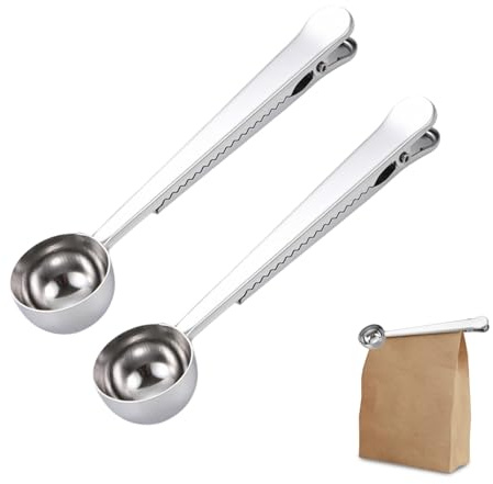 Coffee Scoop with Bag Clip 10g/15ML Stainless Steel Coffee Measuring Spoon for Ground Coffee and Beans Sealing Clip Coffee Measuring Spoon (7-inch, Silver) (2)