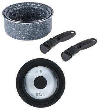Russell Hobbs Nightfall Stone Saucepan Set – Smart Clip Non-Stick Pans, 16cm, 18cm, 20cm, Stay Cool Detachable Handles, Universal Lid, Oven to Hob to Table Cooking, Space Saving Stackable Cookware