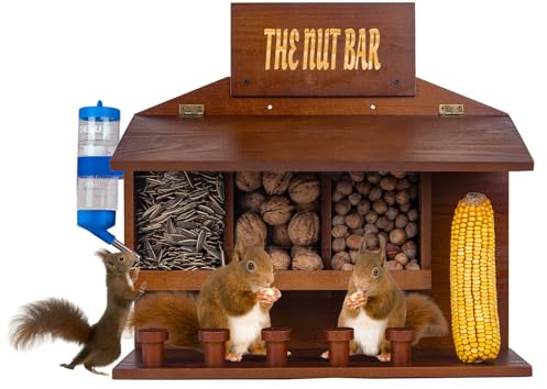 Eichhörnchen-Picknicktisch-Futterstation aus Holz für draußen, kann an den Baum hängen, Set: 3 Futterschlitze + 1 Maiskolbenhalter + 5 Hocker + 1 Wasserflasche, Nussstange, 40 x 16 x 36 cm (groß)