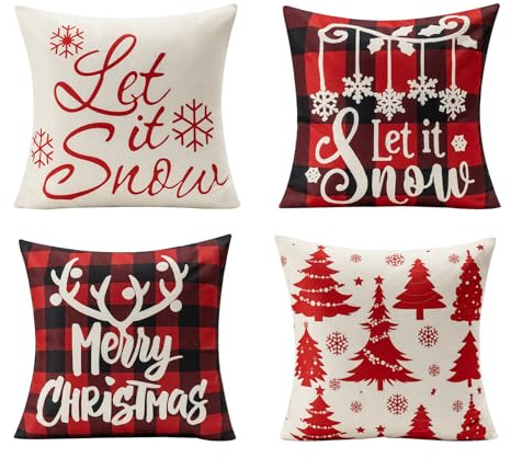Kissenbezug Weihnachten 45x45cm, 4er Set Weihnachtskissen Leinen, Schneemann Rentier Weihnachtskissenbezug Zierkissenbezug für Sofa Couch Bett Christmas Deko Wohnzimmer Winterdeko Innen Rot und Weiß A