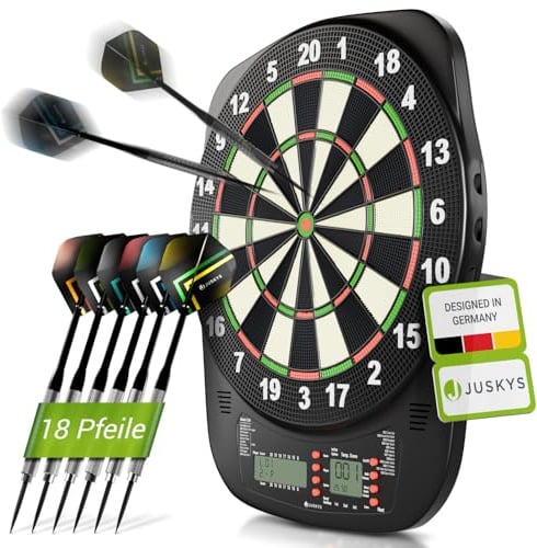 Juskys Elektronische Dartscheibe mit 32 Spielen & 359 Varianten, LCD-Display, USB-C, Pfeile & Zubehör, für bis zu 8 Spieler, Netz- & Batteriebetrieb