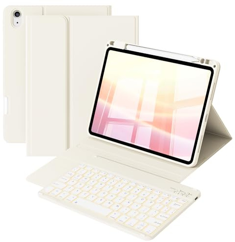 ZOPSGYU Case Keyboard iPad Air 11 Inch M4/M3/M2,Air 5th/4th Gen,Cream White | Shockproof cover with magnetic 7-color backlit keyboard, 3 brightness levels for work, travel and study.