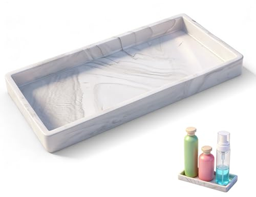 7.9 x 4 Silicone Bathroom Tray Small Bathroom Vanity Tray for Soap Dispenser Soap Perfume Candles Towel Accessories Toilet Tank Desk (Marble White)