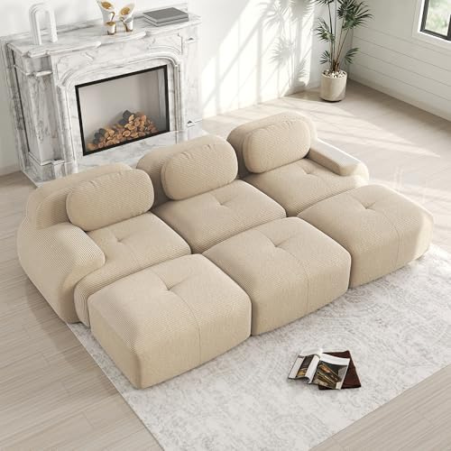 Bladez Modernes 3-Sitzer Cord Sofa Modulares Schlafsofa mit Ottoman Hocker, Ohne Montage, Cloud Polstersofa Couchs kombinierbar, für Wohnzimmer (Beige, 3-Sitzer+3)