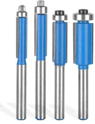 1/4 Inch Shank Double Flute Trim Router Bit with Bearing - 4 Piece Set for Wood MDF Plywood