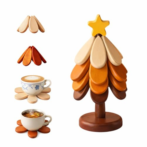 Untersetzer Baum Set für Heiße Speisen,4er-Set Topfuntersetzer Holz mit 1 Ständer & Stern Deko,Weihnachtsbaum Faltbare Topfuntersetzer für Heiße Gerichte Teller Töpfe Teekanne Küche Home Ornamente