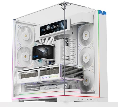 Thermalright TR A70 Vision Weiß ATX Gaming-Gehäuse-8 CPU-Lüfterplätze, Schnellverschluss für vertikale Grafikkartenmontage mit Anti-Durchhängeschutz, inkl. 9,16’’ LCD-Display und Panorama-Lichtleiste