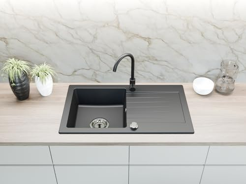 Faizee Home | Spülbecken Granit Nachtschwarz 75x44 cm | Hochwertige Küchenspüle & Einbauspüle | Eckiges Spülbecken | Beidseitig montierbare Granitspüle | Einbaugranitspüle ab 45 cm | Inkl. Siphon-Set