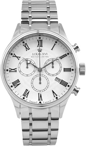 LOUIS XVI Danton 1505 - Ø 44 mm - Herren Uhr - Wasserdicht - Uhr mit Saphirglas - Armband Silber - Zifferblatt Weiss - Schweizer Quarzwerk
