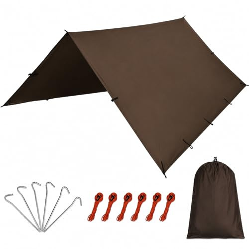 GOOGO Toldo Impermeable 450 x 300 cm, Lona de Camping Ultraligera con piquetas y Cuerdas, para Sol, Lluvia, Hamaca, Picnic y Senderismo (marrón)