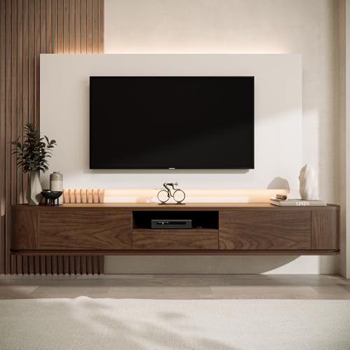 IKIFLY Moderner Schwebender TV-Schrank, Wandmontiertes Unterhaltungsmöbel Mit Schubladen und Zwei Schränken, Walnuss,180cm