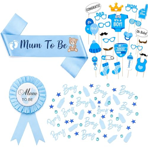 4 Teile Babyparty Deko Junge Set, mit Abzeichen, Fotobox Requisiten, Boy Konfetti, Baby Shower Deko für werdende Mama Familie Freunde, Babyparty Deko, Baby Willkommensparty