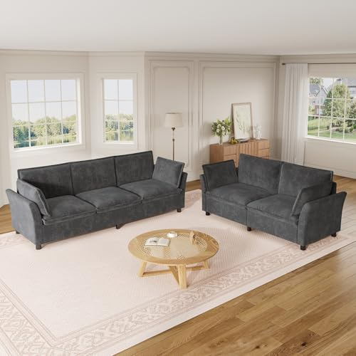 Lcoho 3-2 Sofakombination, Modulares Sofa-Set, Frei Kombinierbar, Wohnzimmer Sofa, Chenille Stoff, 3-Sitzer + 2-Sitzer, Mit Kissen, Weich Gepolstert, Cloud Komfort, Modernes Design, Grey