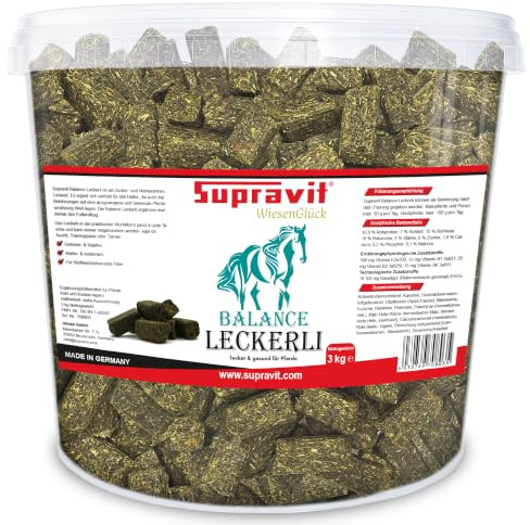 Supravit Balance Pferdeleckerlis 3kg Eimer | Getreidefreie Pferdeleckerli | aus Deutschland | Natürliche Belohnung mit Karotte, Luzerne, Petersilie, Roter Beete & Ingwer| Für Pferde, Ponys & Shettys
