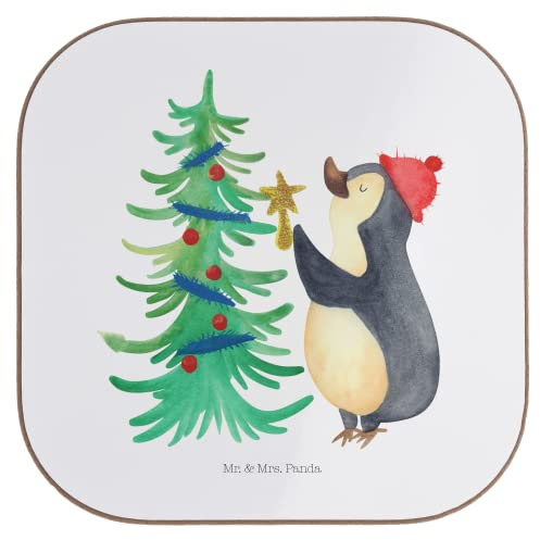 Mr. & Mrs. Panda Getränkeuntersetzer Pinguin Weihnachtsbaum - Geschenk, Advent, Bierdeckel, Untersetzer aus Holz, Nikolaus, Winter, Weihnachten,