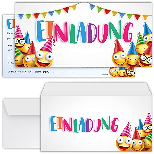 beriluDesign Smiley Einladungskarten mit Umschlägen – 12er Set zum Kindergeburtstag für mit Party Emoji Motiv