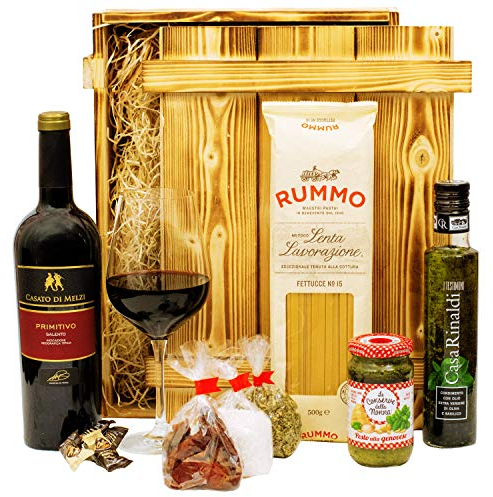 Italienisches Geschenkset „Verona“ | Geschenkkorb gefüllt mit Wein, italienischen Spezialitäten & edler Holzkiste | Präsentkorb für Frauen & Männer zum Geburtstag, Weihnachten