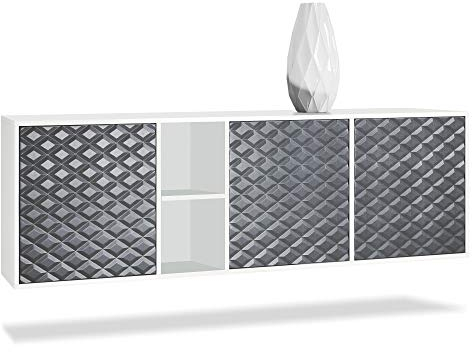 Vladon Sideboard Kommode Cuba, Made in Germany, Korpus in Weiß matt/Fronten in 3D Stahlgrau