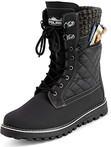Polar Damen Gedächtnisschaum Außentasche Inside Reißverschluss Thermal Wasserdicht Tiefer Schritt Gummisohle Schnee Stiefels - Schwarz Leder - UK8/EU41 - YC0620